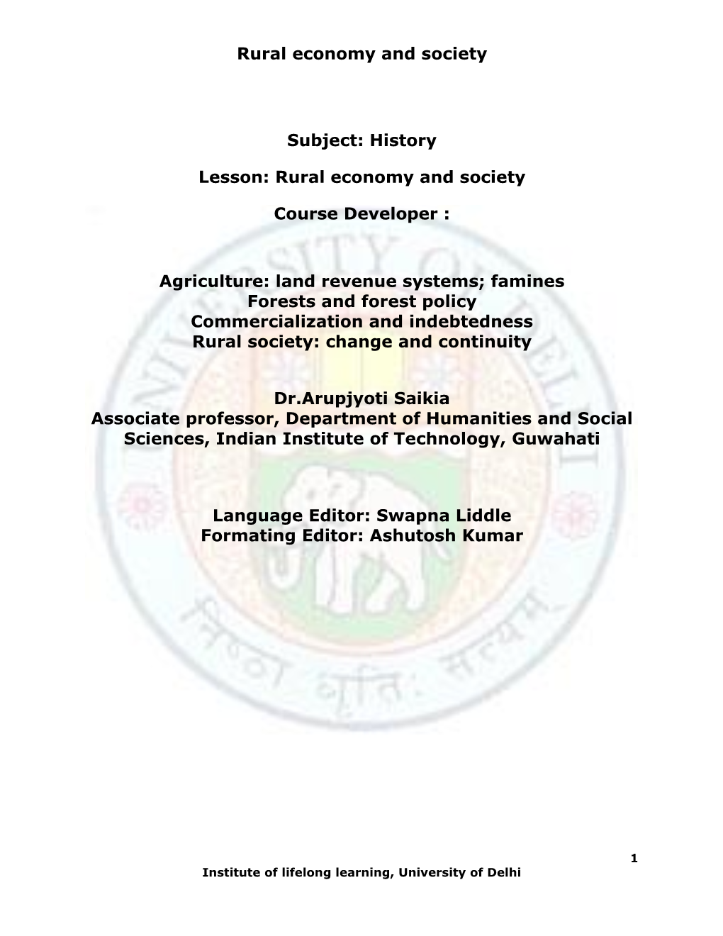 Rural Economy and Society Course Developer : Agriculture