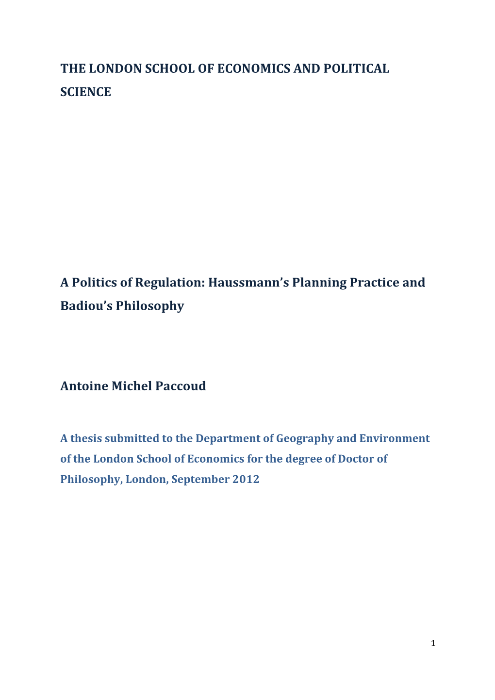 A Politics of Regulation: Haussmann’S Planning Practice and Badiou’S Philosophy