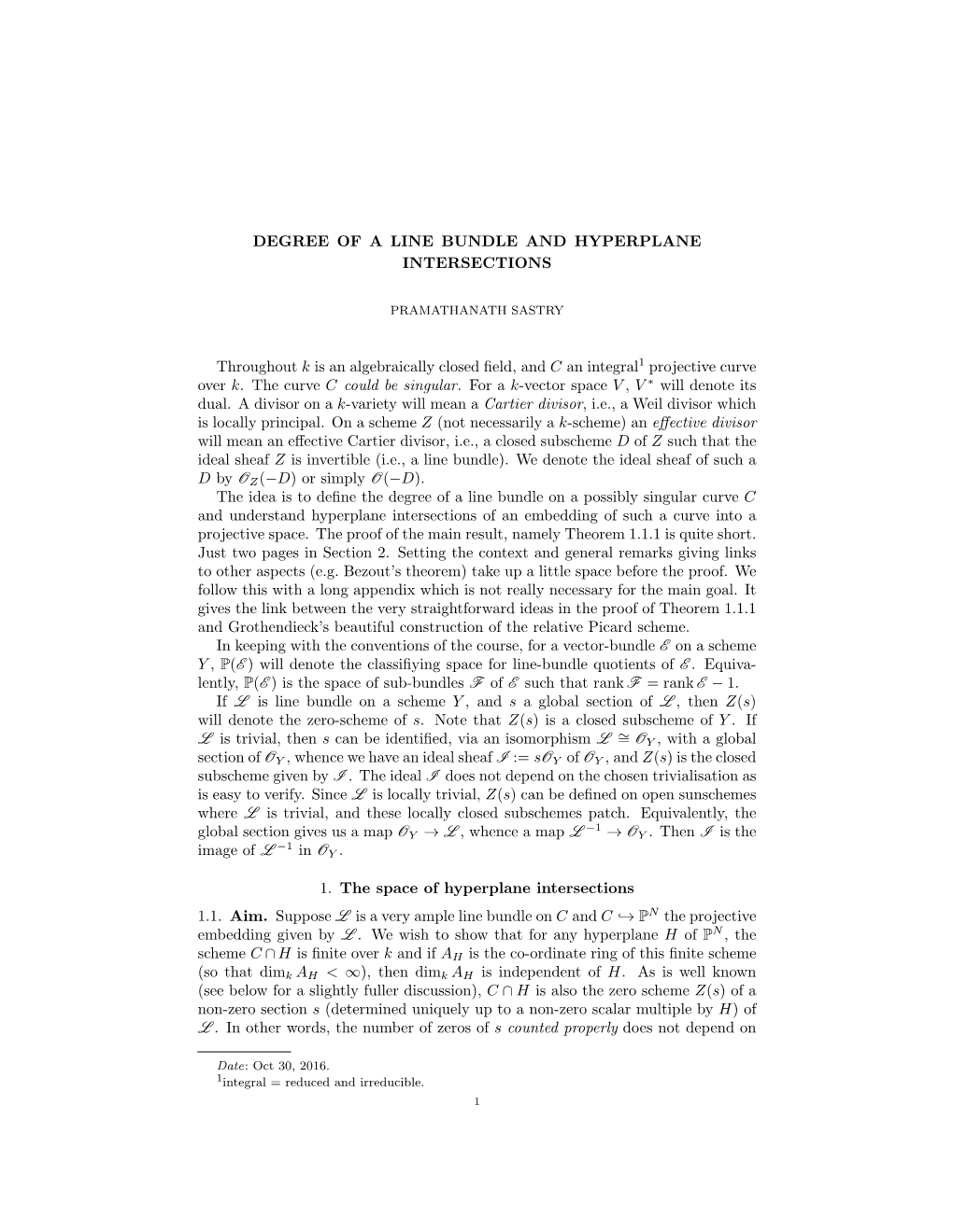 Degree of a Line Bundle and Hyperplane Intersections