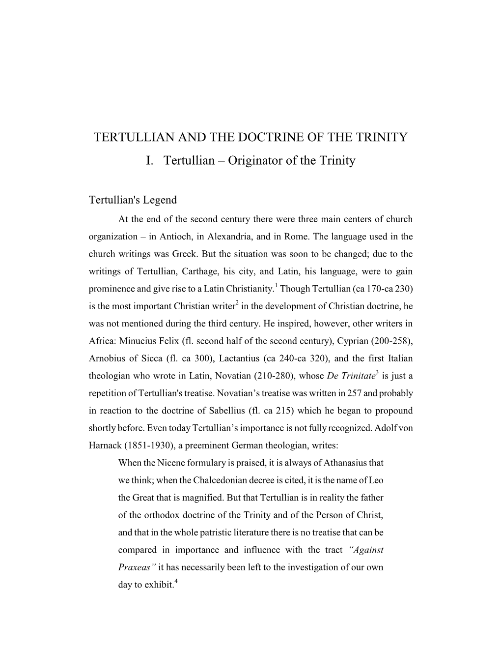 Tertullian and the Doctrine of the Trinity I