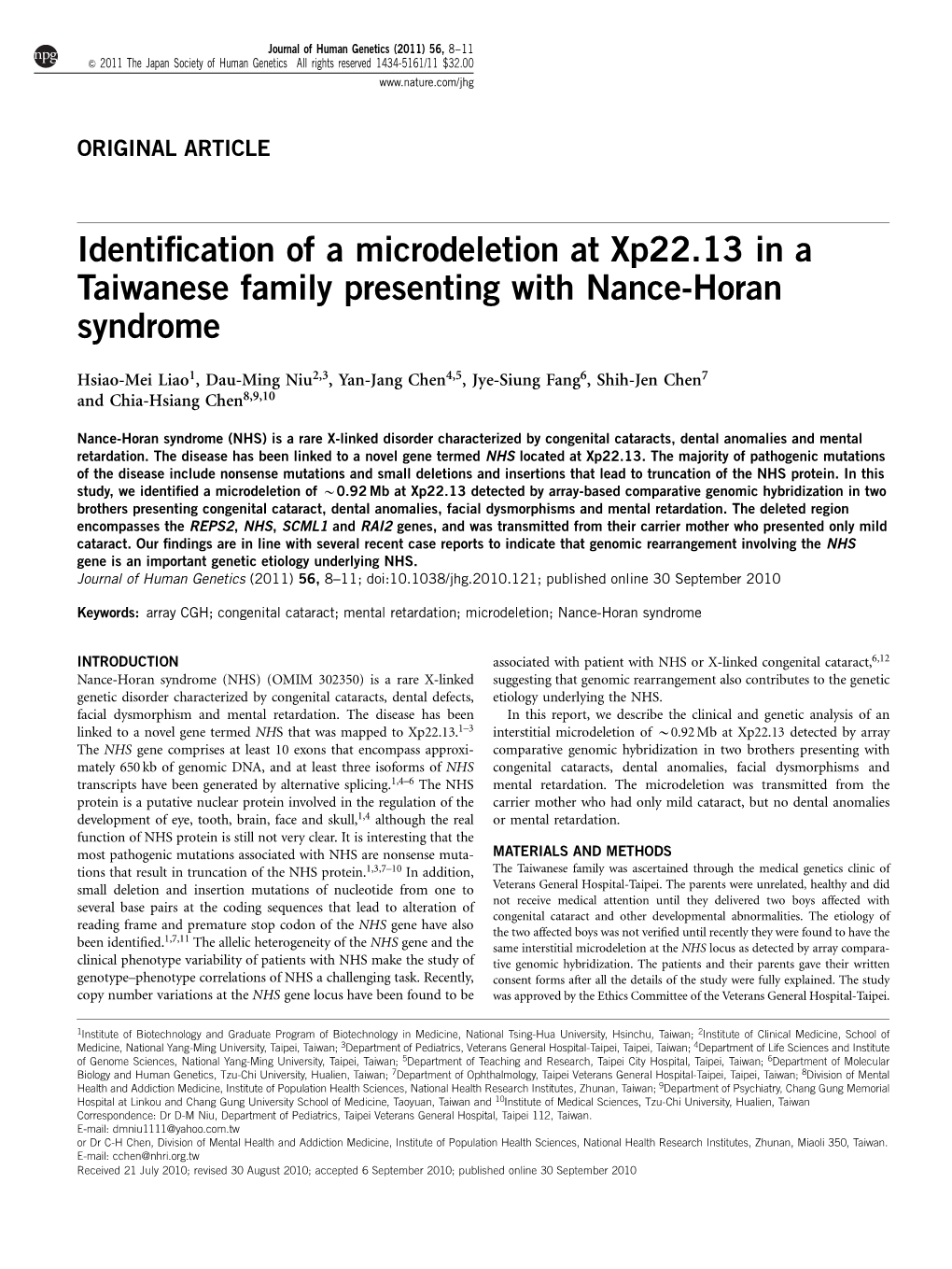 Identification of a Microdeletion at Xp22.13 in a Taiwanese Family