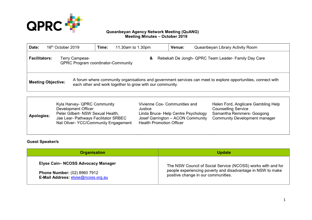 Queanbeyan Agency Network Meeting (Quang) Meeting Minutes – October 2019