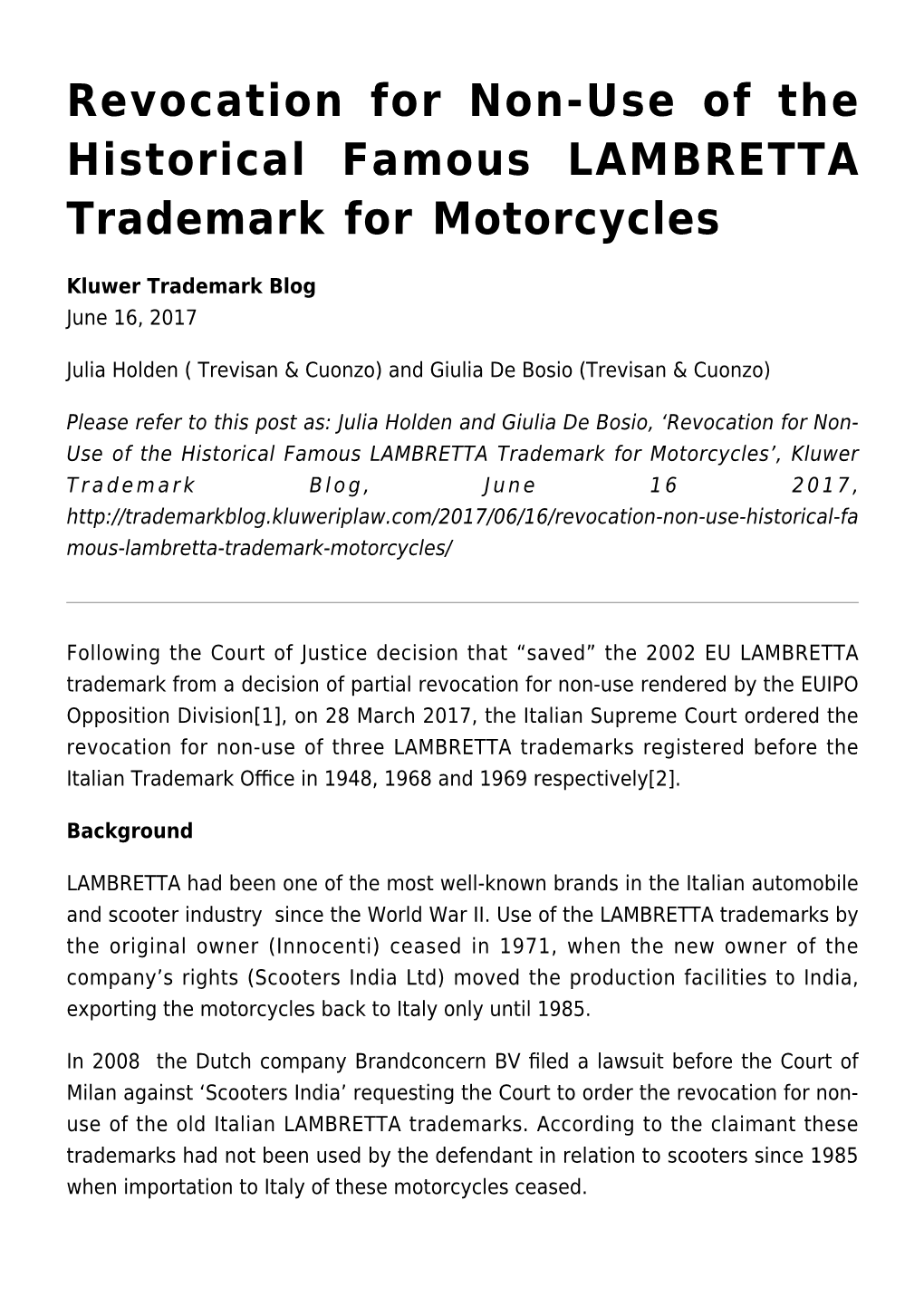 Revocation for Non-Use of the Historical Famous LAMBRETTA Trademark for Motorcycles