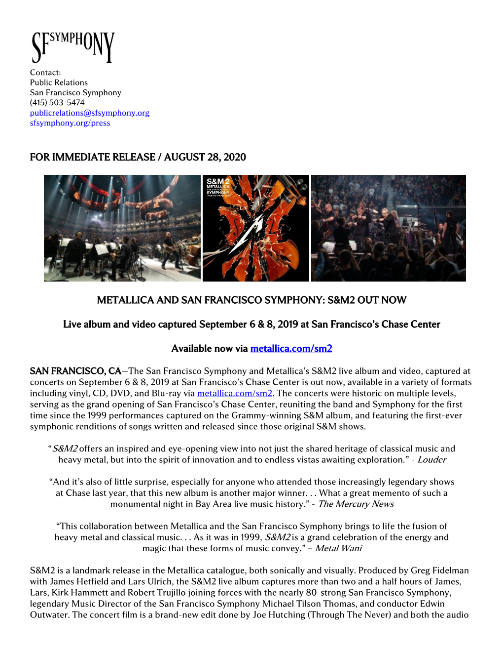 For Immediate Release / August 28, 2020 Metallica