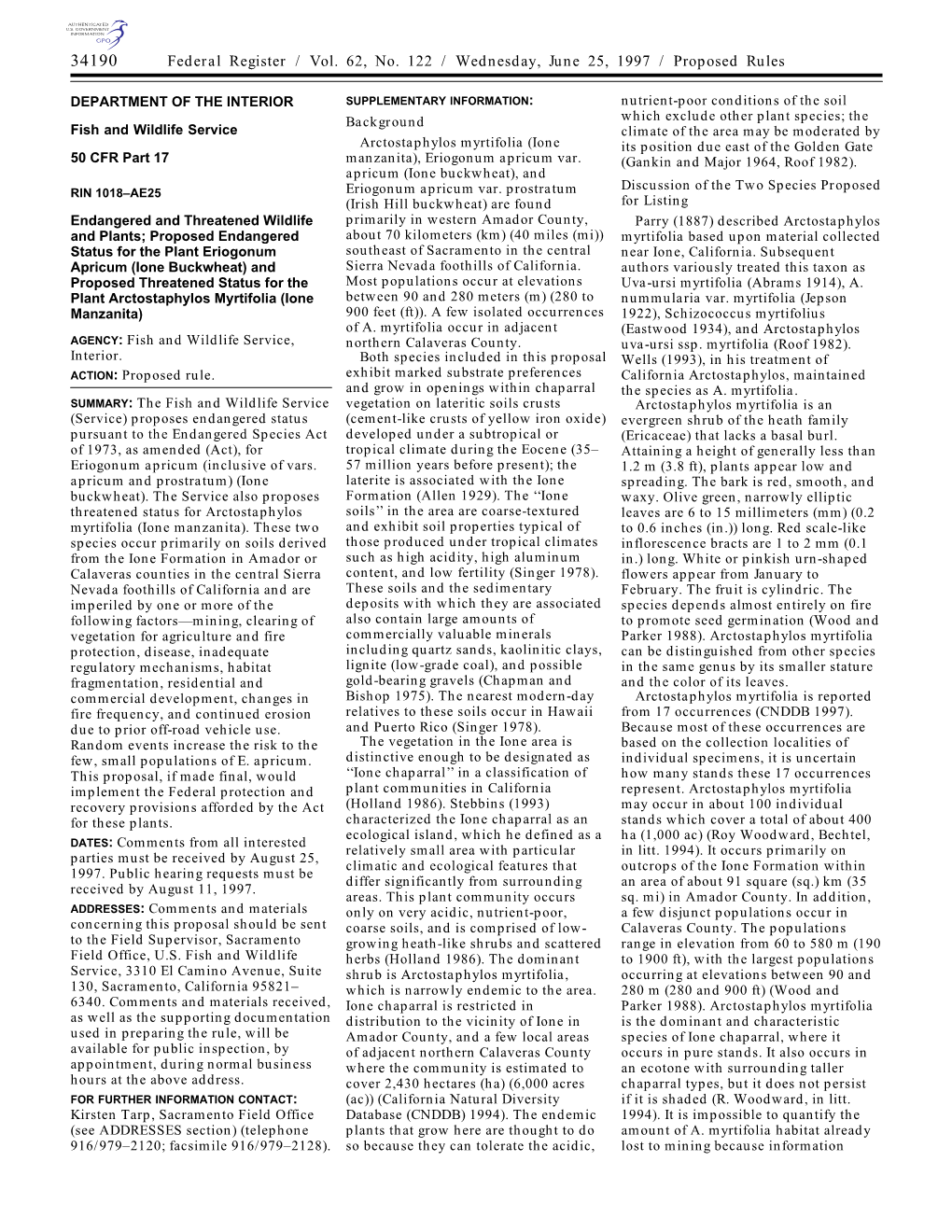 Ione Buckwheat), and Discussion of the Two Species Proposed RIN 1018±AE25 Eriogonum Apricum Var