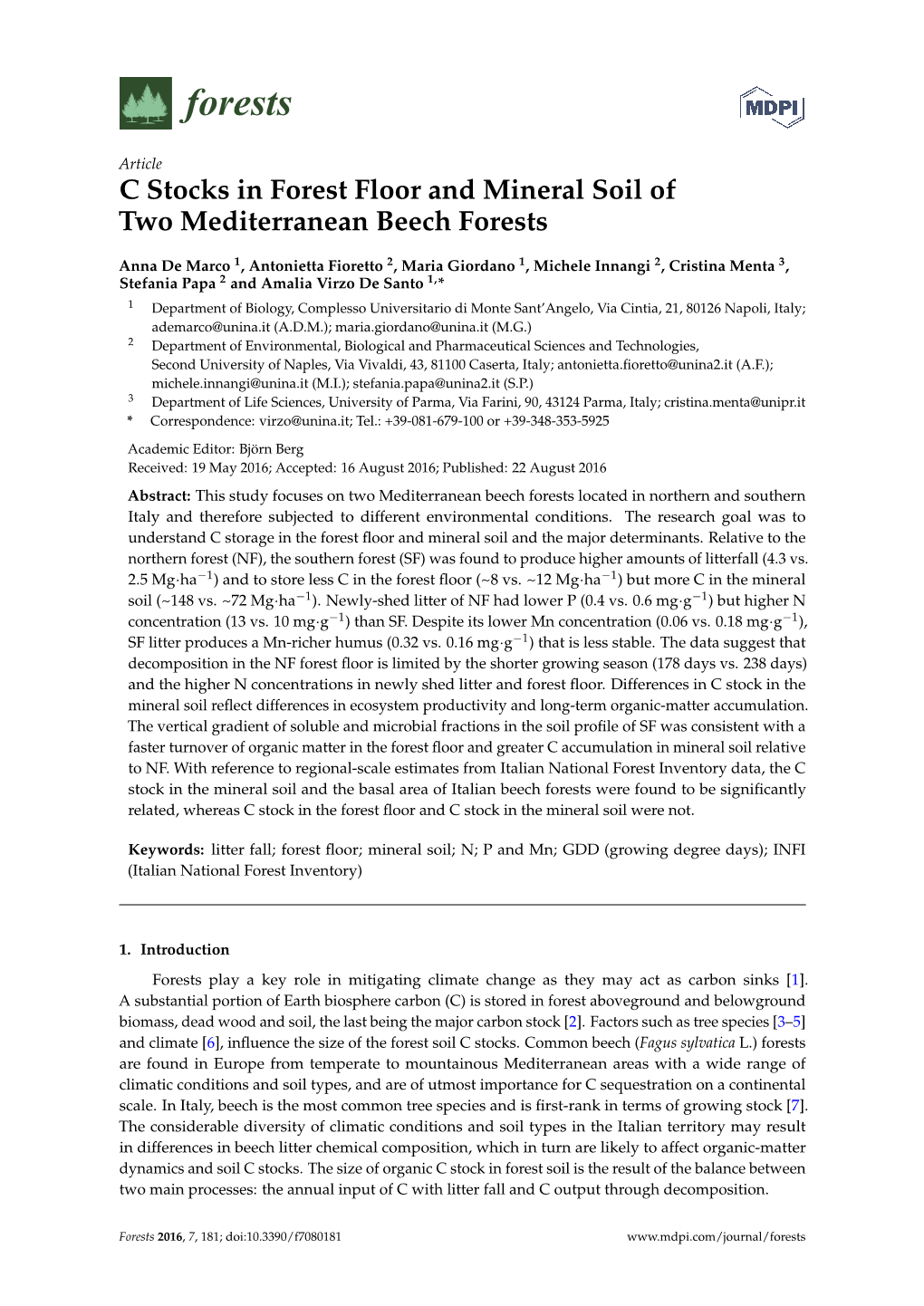 C Stocks in Forest Floor and Mineral Soil of Two Mediterranean Beech Forests