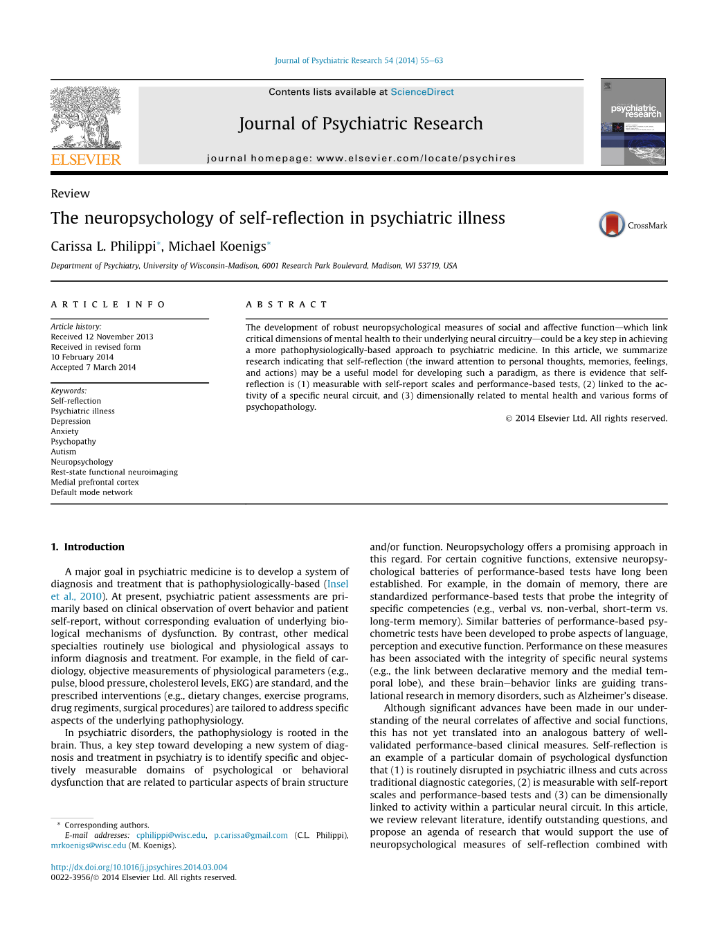 The Neuropsychology of Self-Reflection in Psychiatric Illness