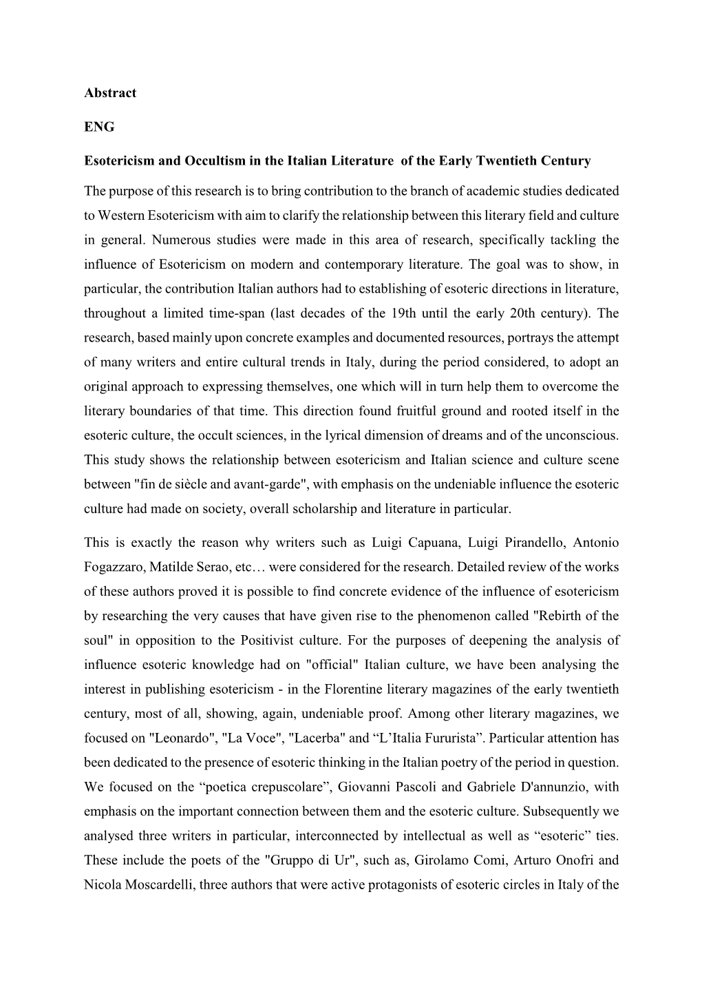 Abstract ENG Esotericism and Occultism in the Italian Literature Of