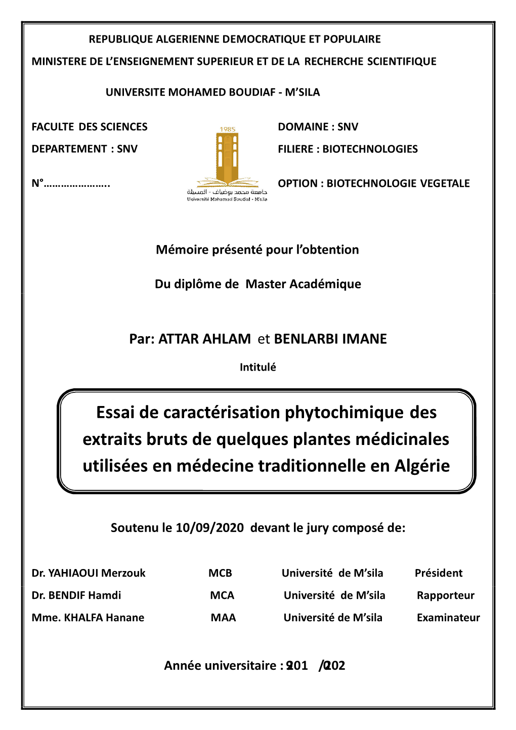 Essai De Caractérisation Phytochimique Des Extraits Bruts De