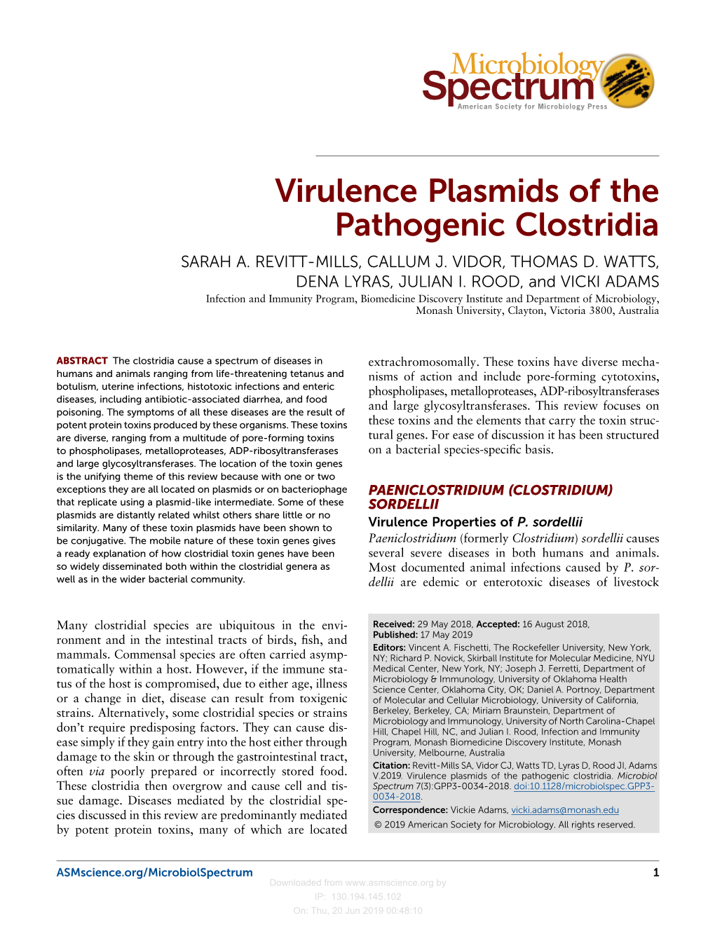 Virulence Plasmids of the Pathogenic Clostridia SARAH A