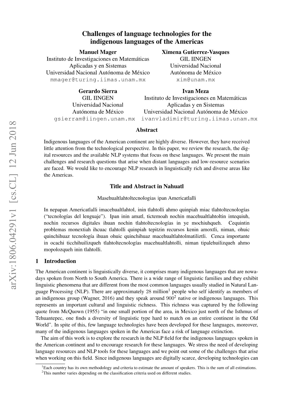 Arxiv:1806.04291V1 [Cs.CL] 12 Jun 2018 Hnwrigo Hsﬁl.Sneidgnu Agae R Di Are Languages Indigenous Since P We ﬁeld