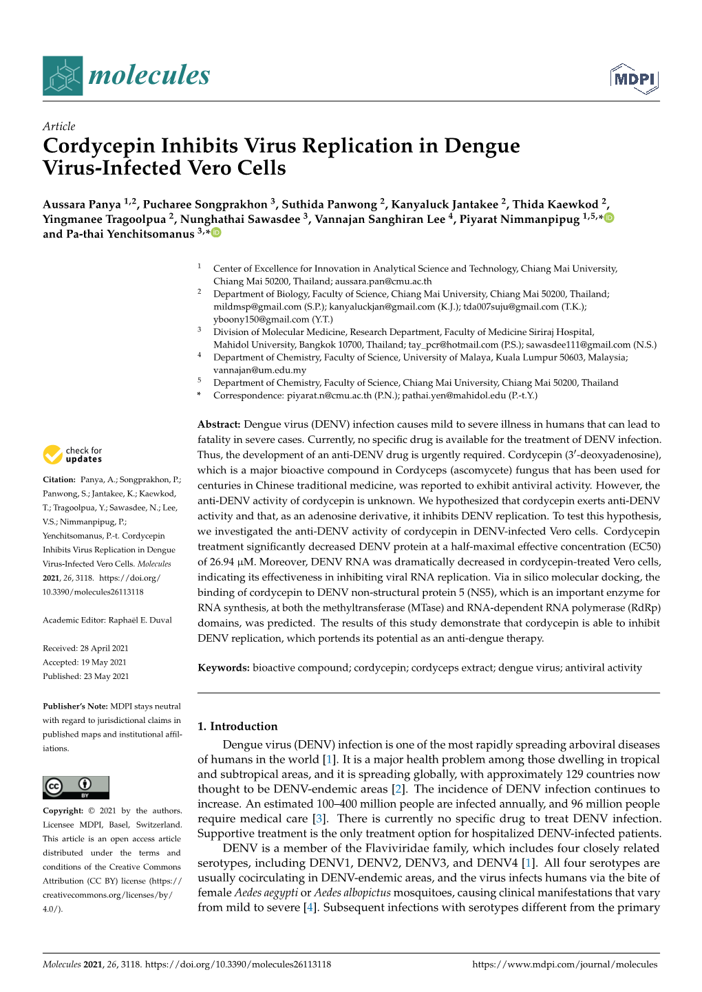 Cordycepin Inhibits Virus Replication in Dengue Virus-Infected Vero Cells