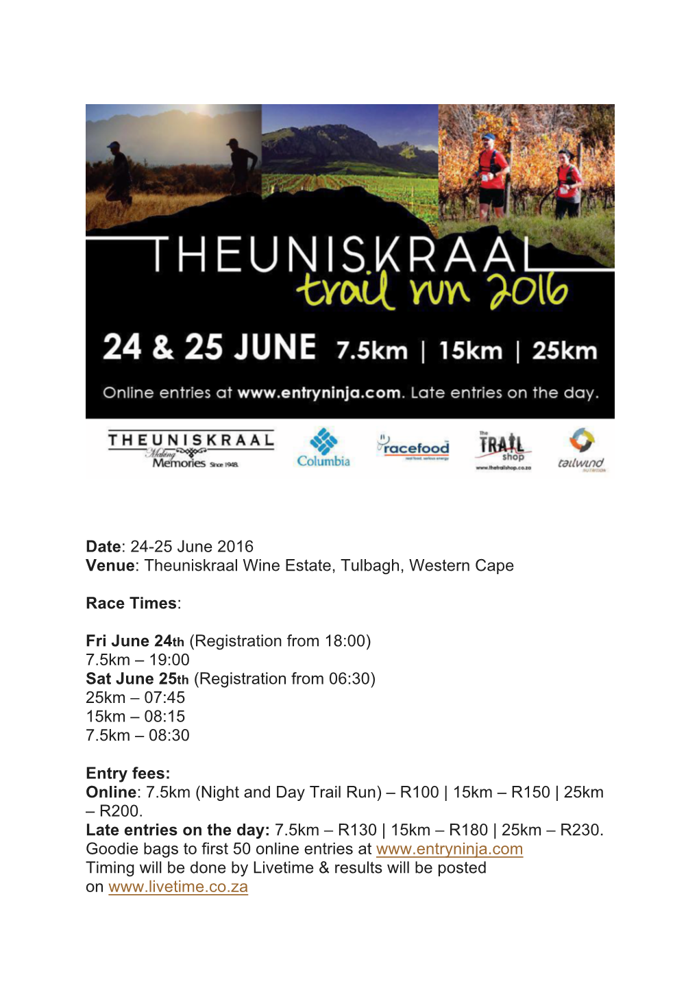 Theuniskraal Wine Estate, Tulbagh, Western Cape Race Times