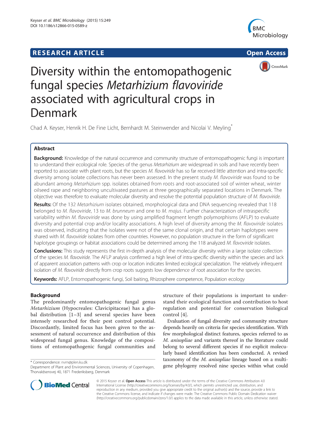 Diversity Within the Entomopathogenic Fungal Species Metarhizium Flavoviride Associated with Agricultural Crops in Denmark Chad A