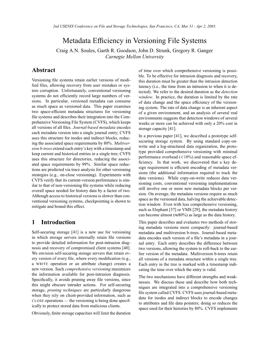 Metadata Efficiency in Versioning File Systems