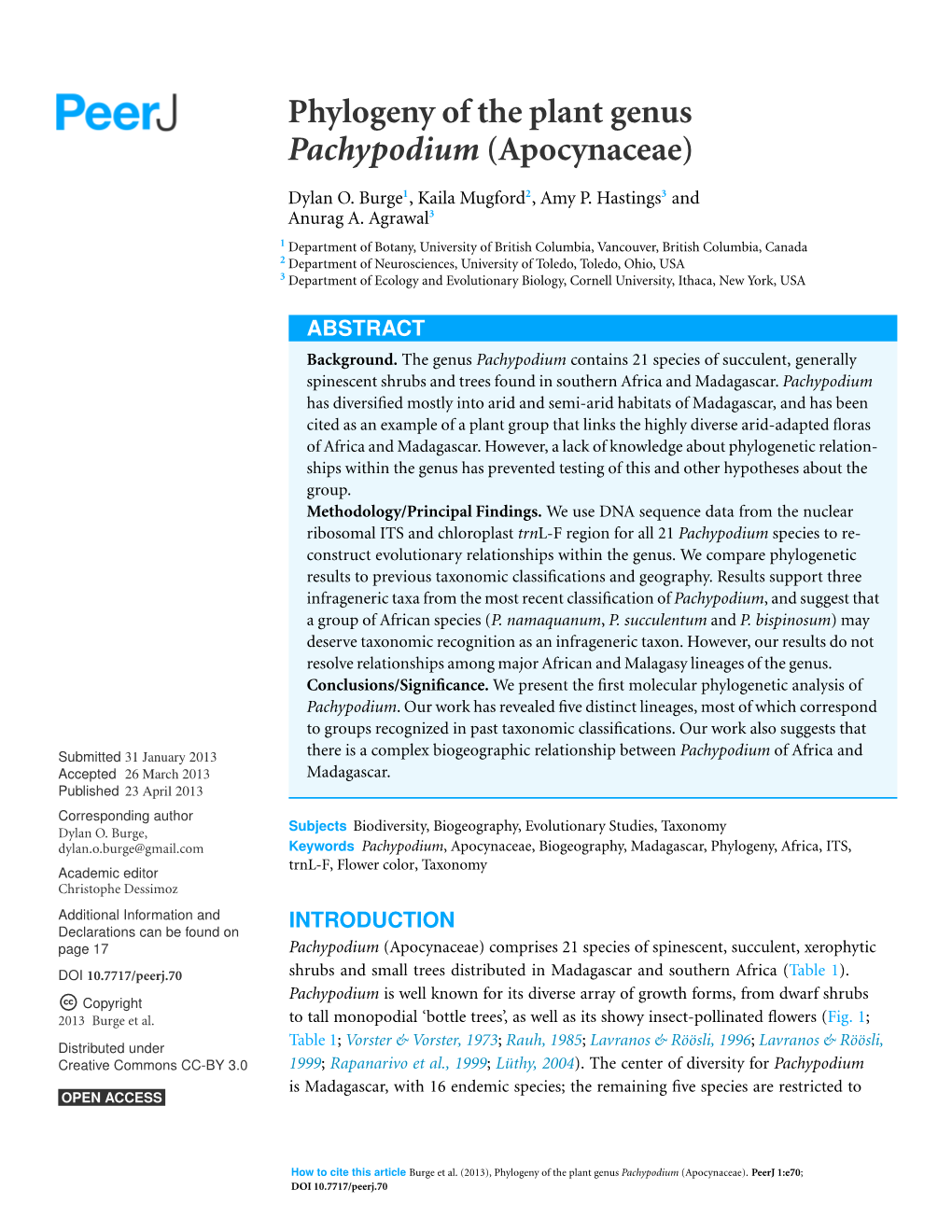 Phylogeny of the Plant Genus Pachypodium (Apocynaceae)