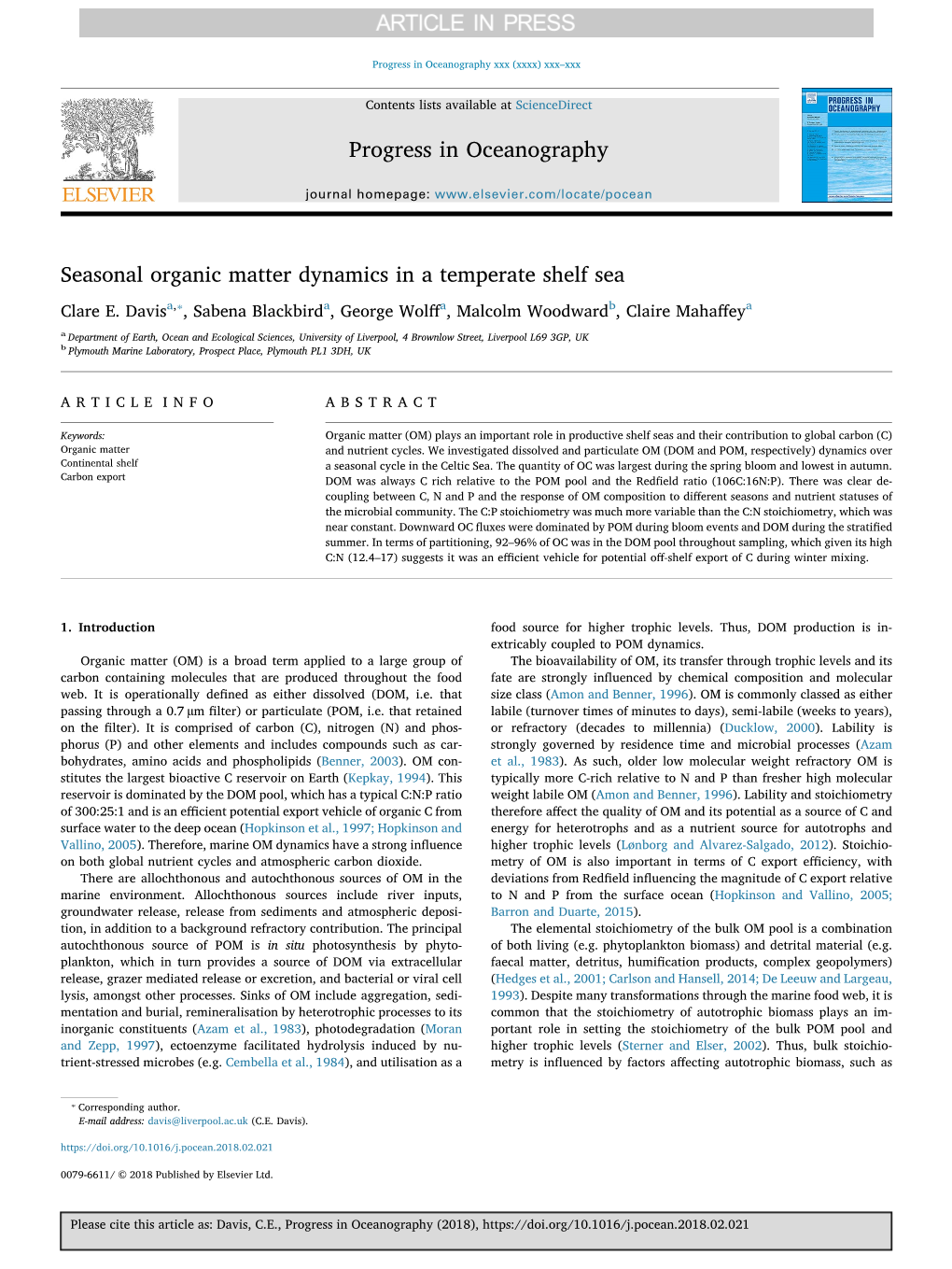 Seasonal Organic Matter Dynamics in a Temperate Shelf Sea ⁎ Clare E