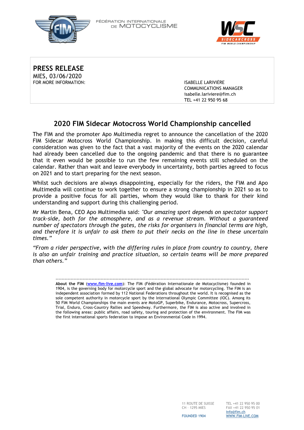 PRESS RELEASE 2020 FIM Sidecar Motocross World Championship