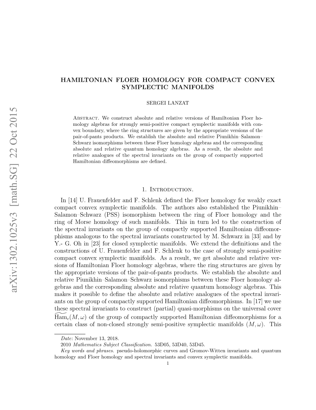 Arxiv:1302.1025V3 [Math.SG] 22 Oct 2015