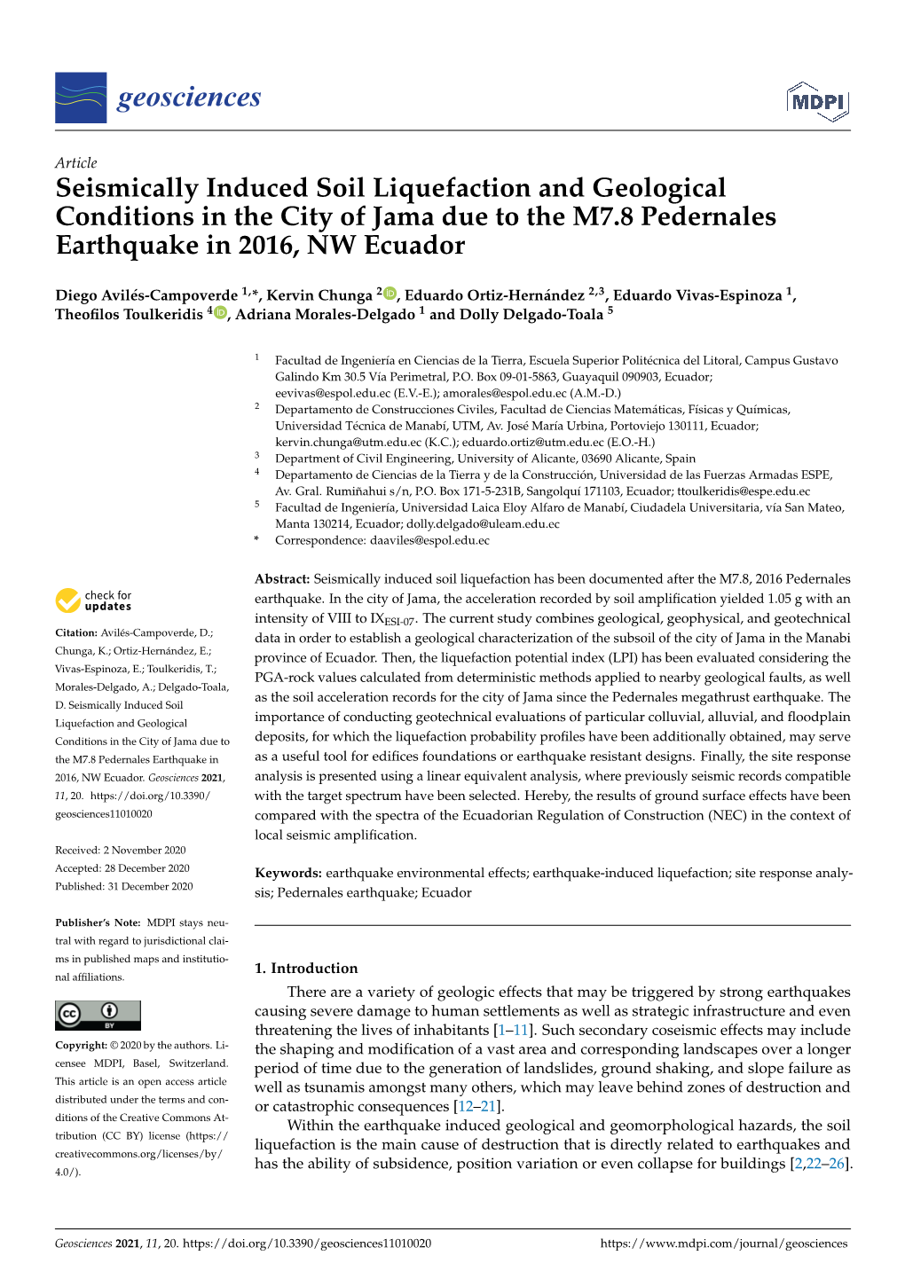 Seismically Induced Soil Liquefaction and Geological Conditions in the City of Jama Due to the M7.8 Pedernales Earthquake in 2016, NW Ecuador