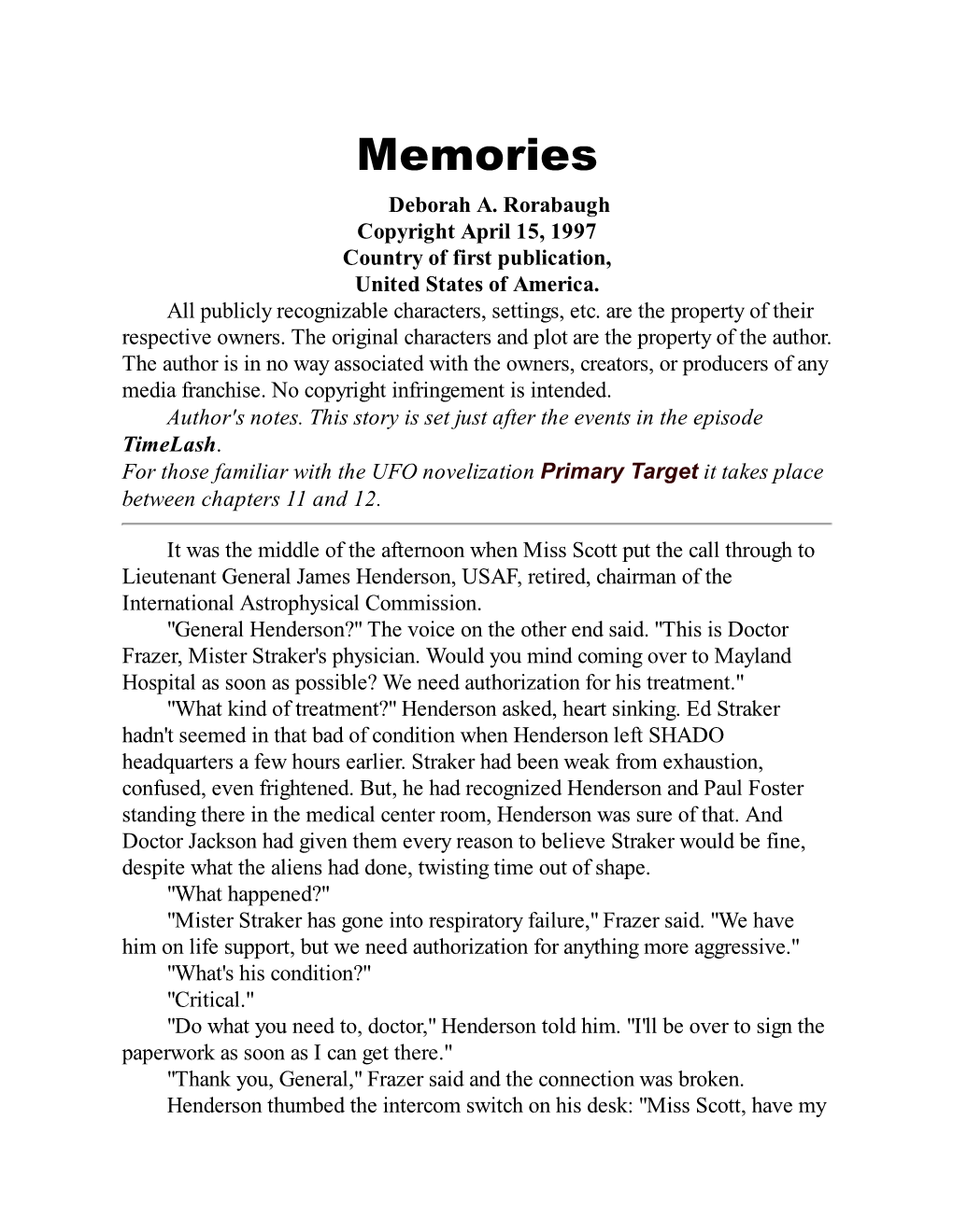 Memories, a U.F.O. Short Story