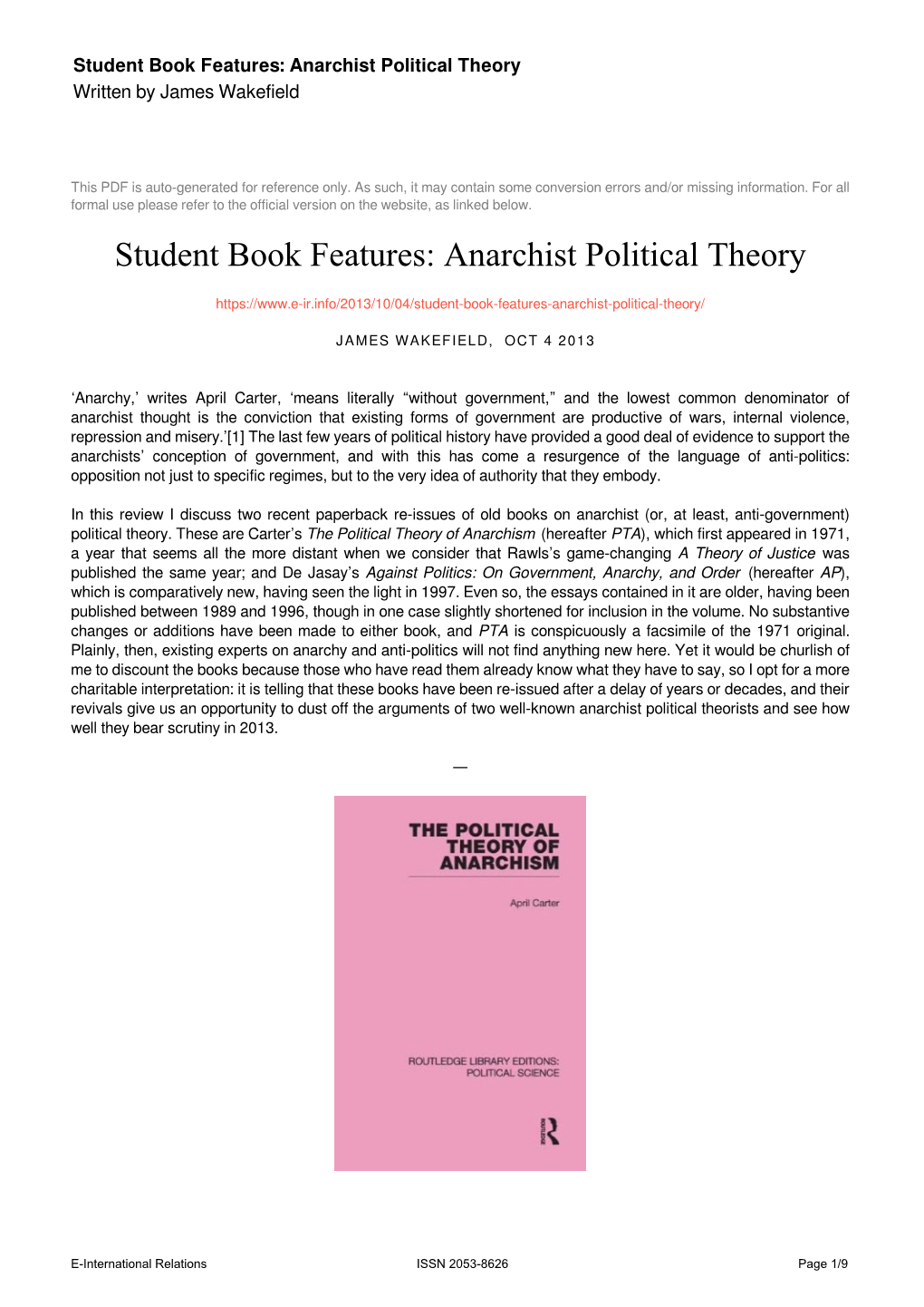 Anarchist Political Theory Written by James Wakefield