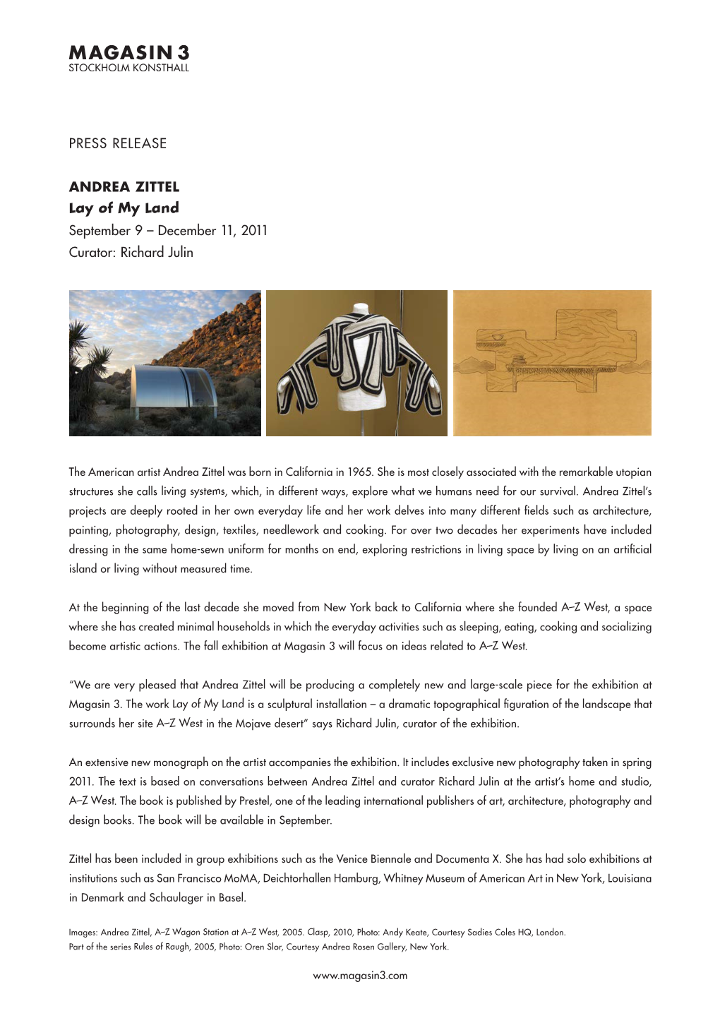 PRESS RELEASE ANDREA ZITTEL Lay of My Land September 9