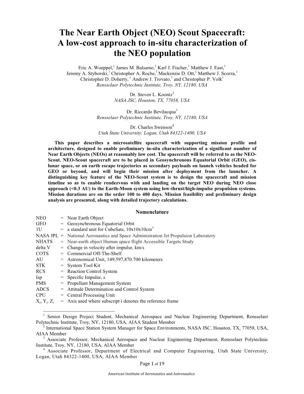 The Near Earth Object (NEO) Scout Spacecraft: a Low-Cost Approach to In-Situ Characterization of the NEO Population