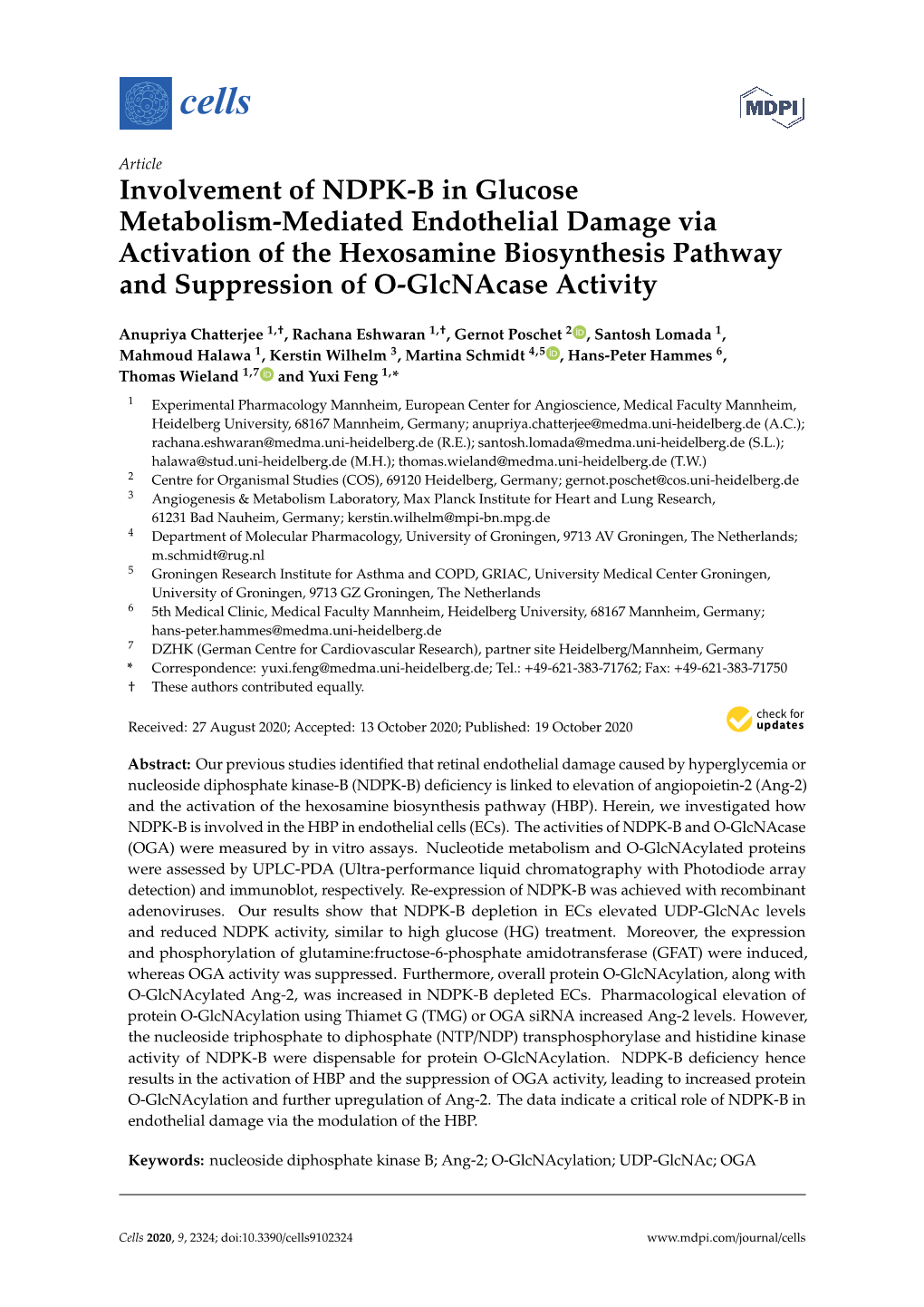 Involvement of NDPK-B in Glucose Metabolism-Mediated Endothelial Damage Via Activation of the Hexosamine Biosynthesis Pathway and Suppression of O-Glcnacase Activity