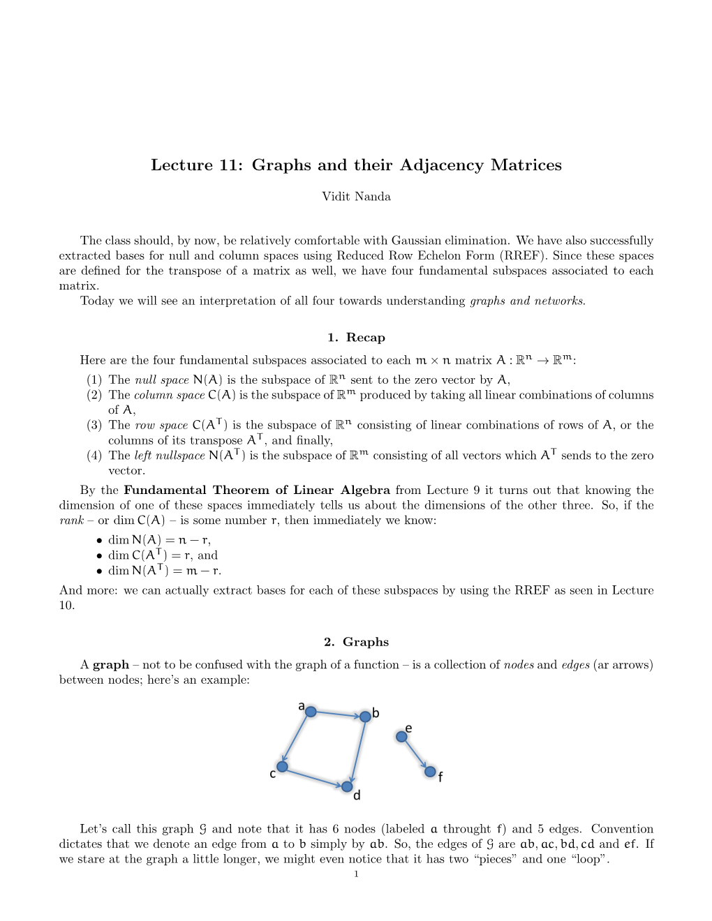 Lecture 11: Graphs and Their Adjacency Matrices