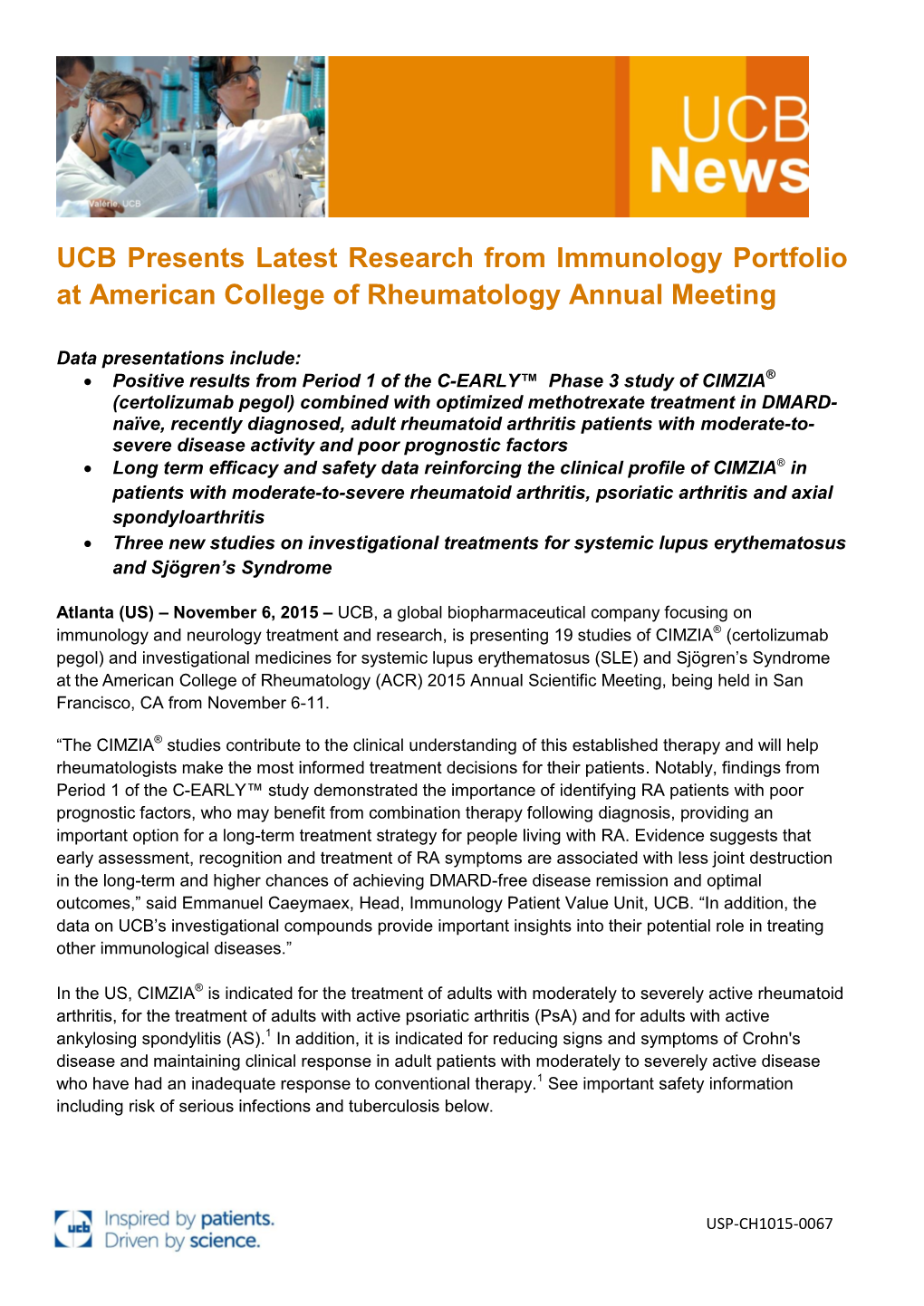 UCB Presents Latest Research from Immunology Portfolio at American College of Rheumatology Annual Meeting