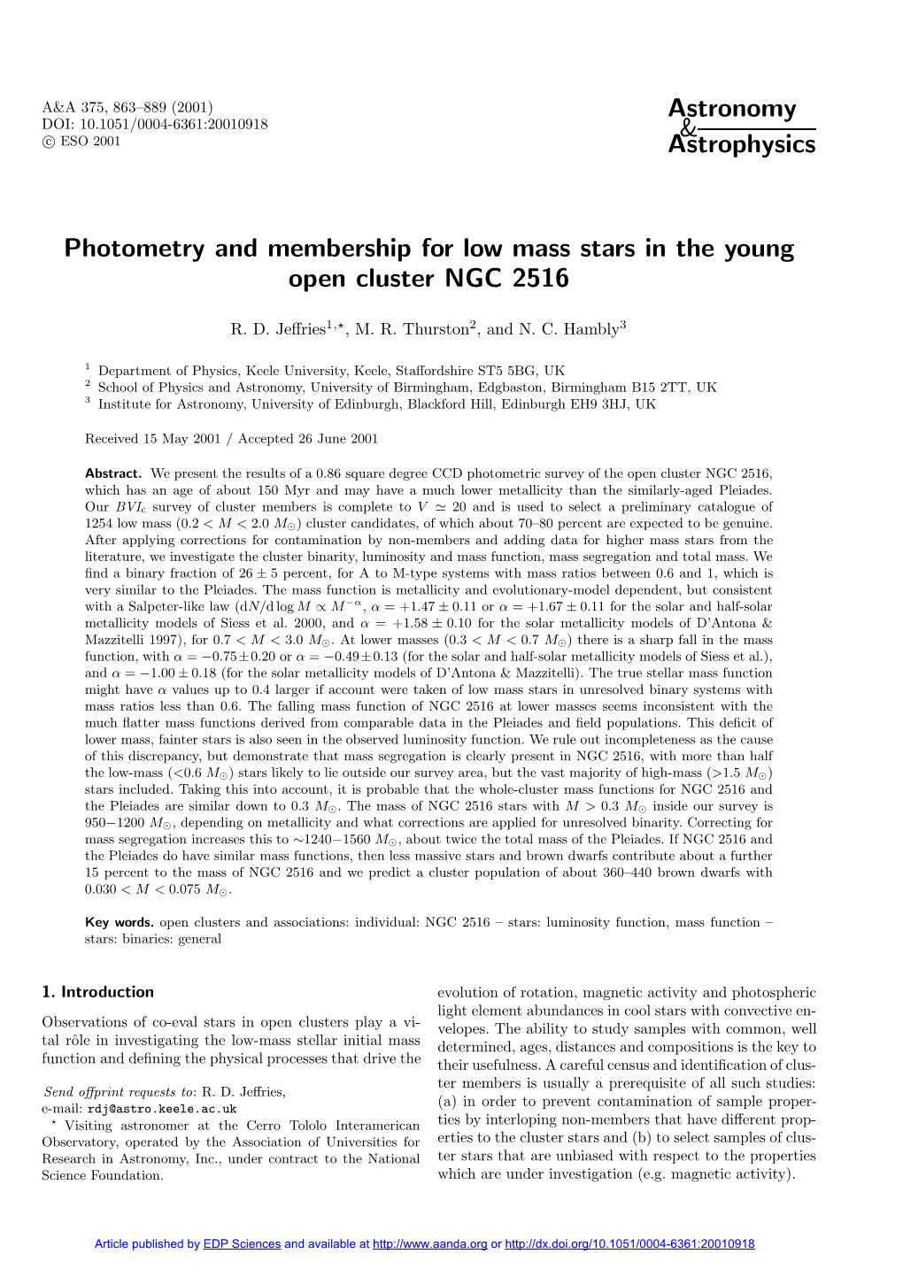 Photometry and Membership for Low Mass Stars in the Young Open Cluster NGC 2516