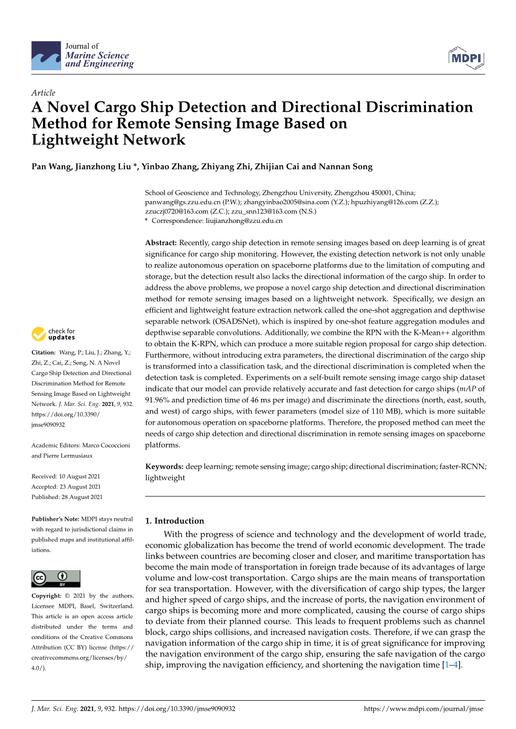 A Novel Cargo Ship Detection and Directional Discrimination Method for Remote Sensing Image Based on Lightweight Network