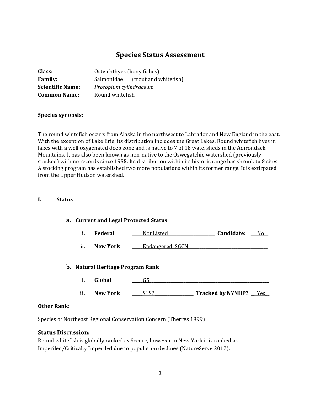 Species Assessment for Round Whitefish