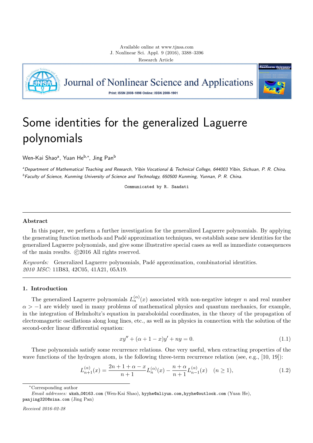 Some Identities for the Generalized Laguerre Polynomials