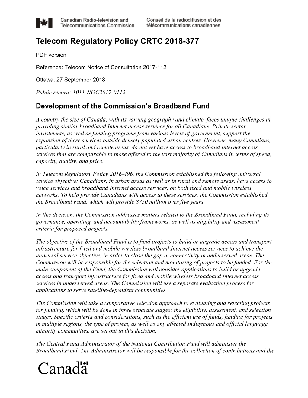 Development of the Commission's Broadband Fund
