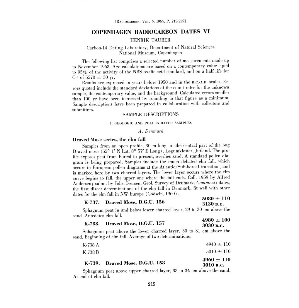 Copenhagen Radiocarbon Dates Vi 3130 B.C. 4980 ± 100