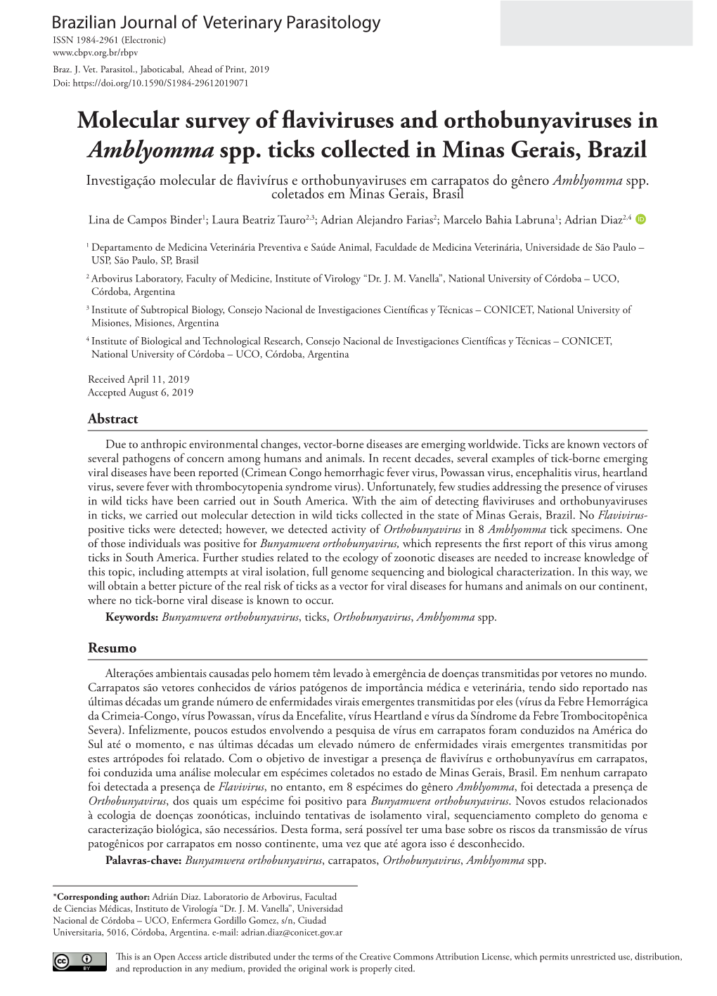 Molecular Survey of Flaviviruses and Orthobunyaviruses in Amblyomma Spp