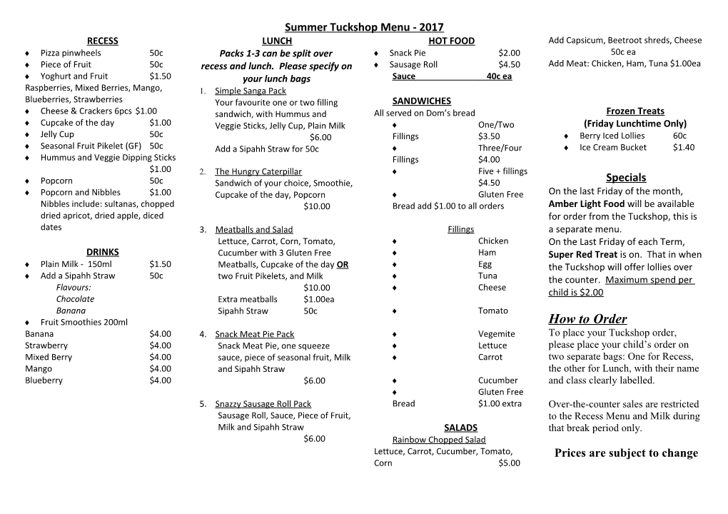 Summer Tuckshop Menu - 2017