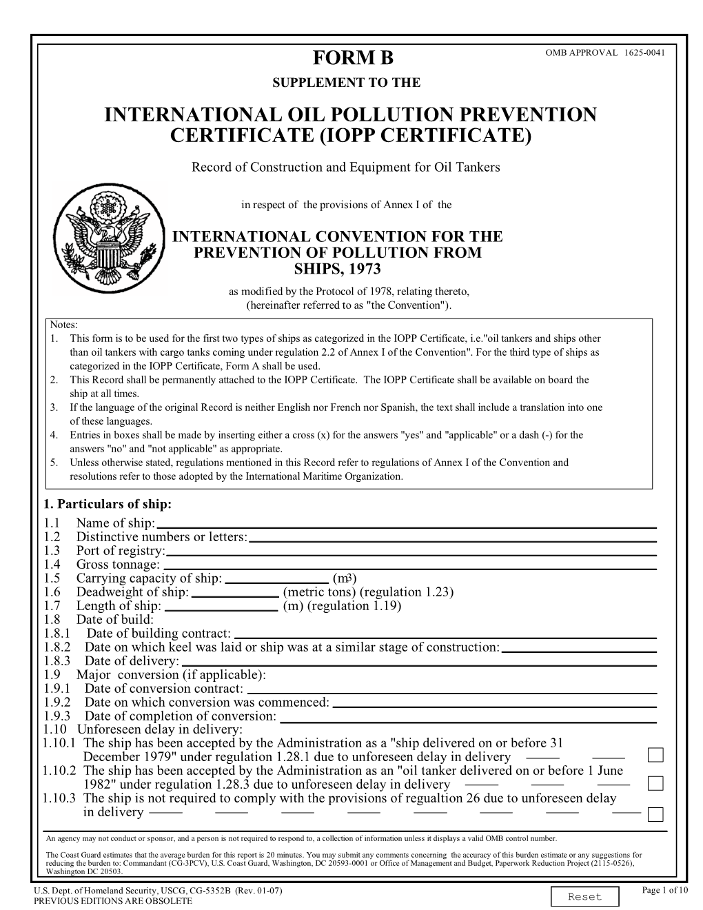 Form B International Oil Pollution Prevention