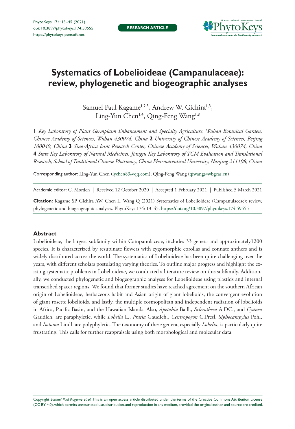 Campanulaceae): Review, Phylogenetic and Biogeographic Analyses