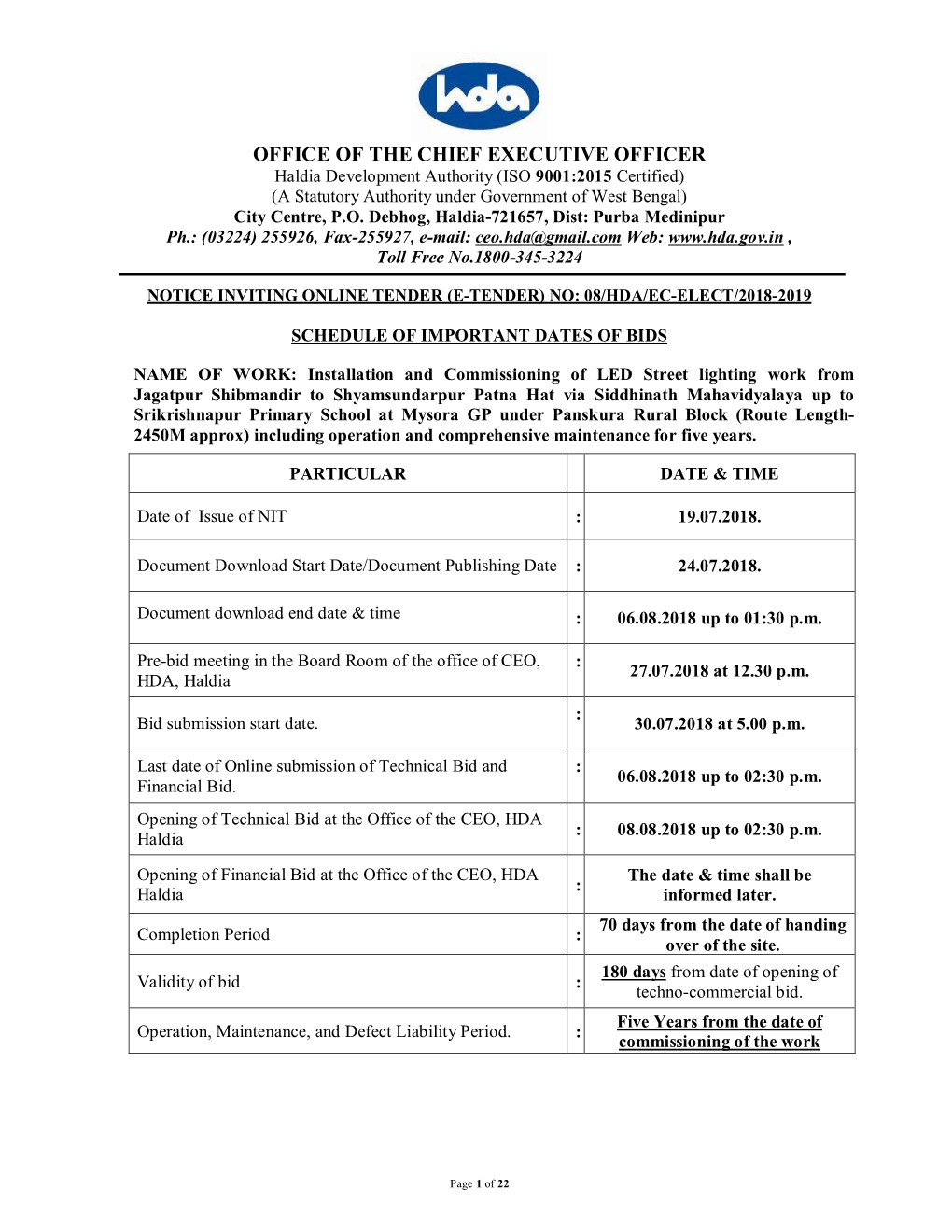 OFFICE of the CHIEF EXECUTIVE OFFICER Haldia Development Authority (ISO 9001:2015 Certified) (A Statutory Authority Under Government of West Bengal) City Centre, P.O