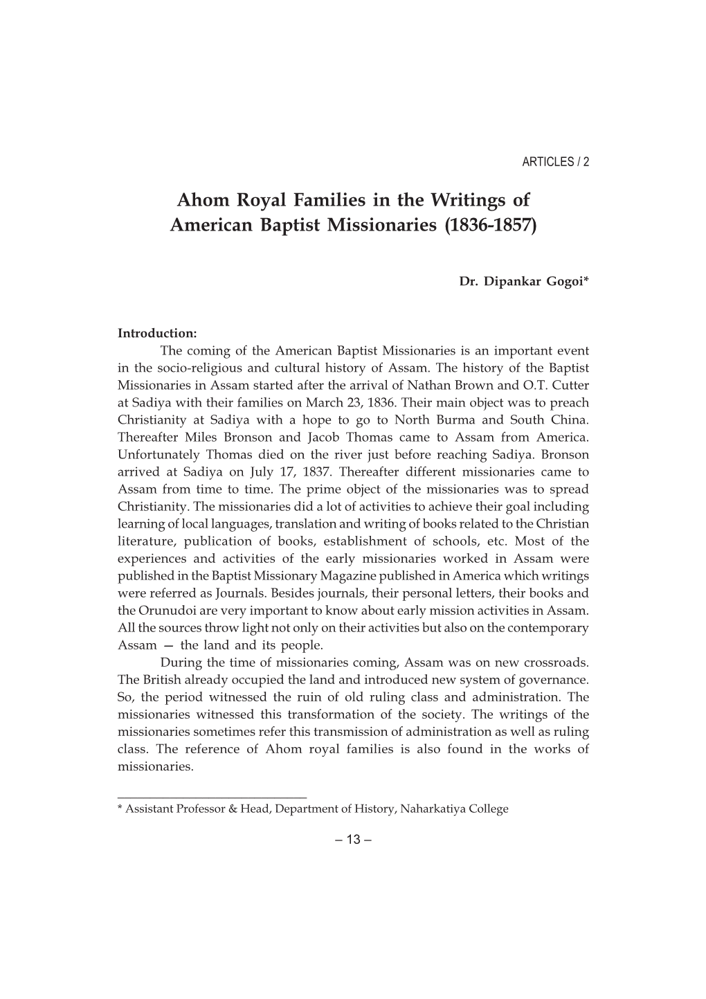 Ahom Royal Families in the Writings of American Baptist Missionaries (1836-1857)