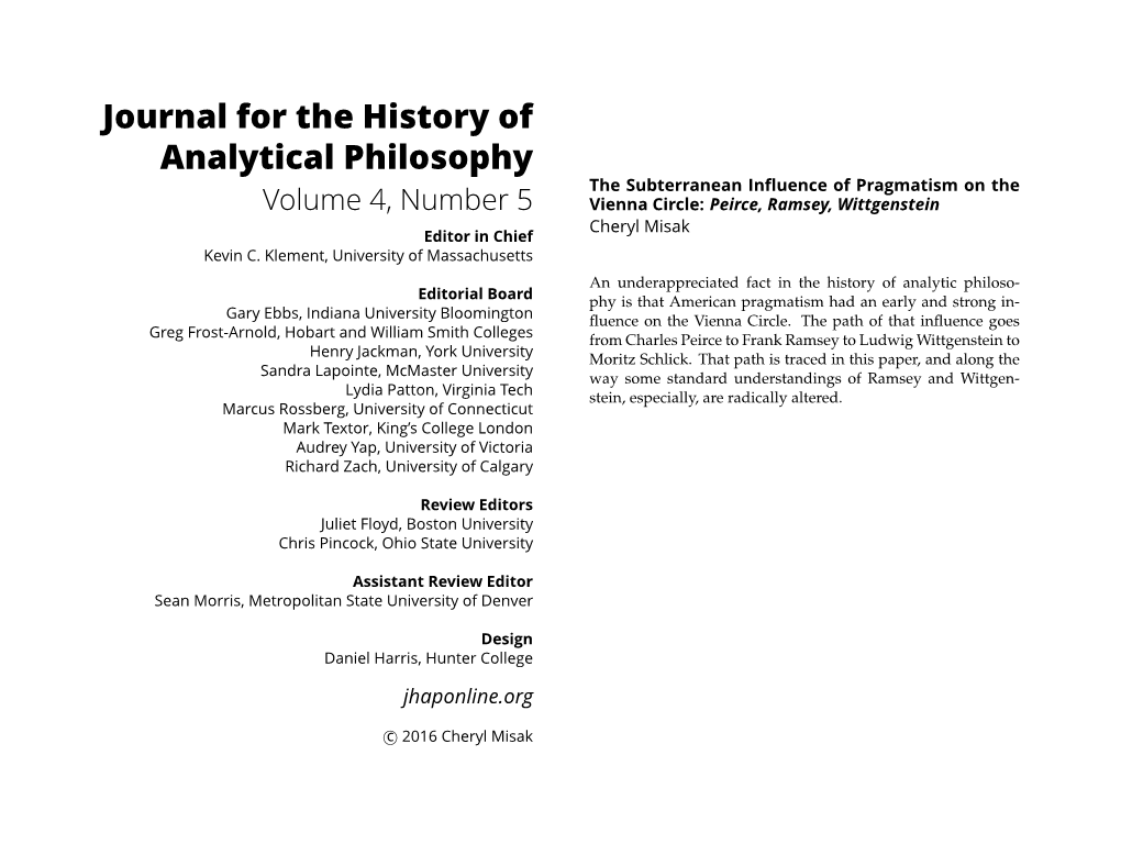 The Subterranean Influence of Pragmatism on the Vienna Circle: Peirce, Ramsey, Wittgenstein