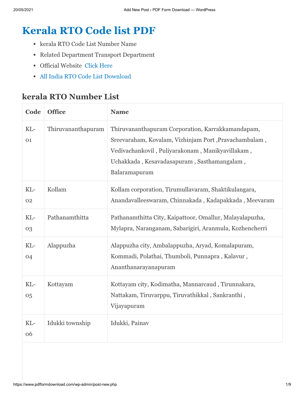 Kerala RTO Code List PDF Kerala RTO Code List Number Name Related Department Transport Department Official Website Click Here All India RTO Code List Download