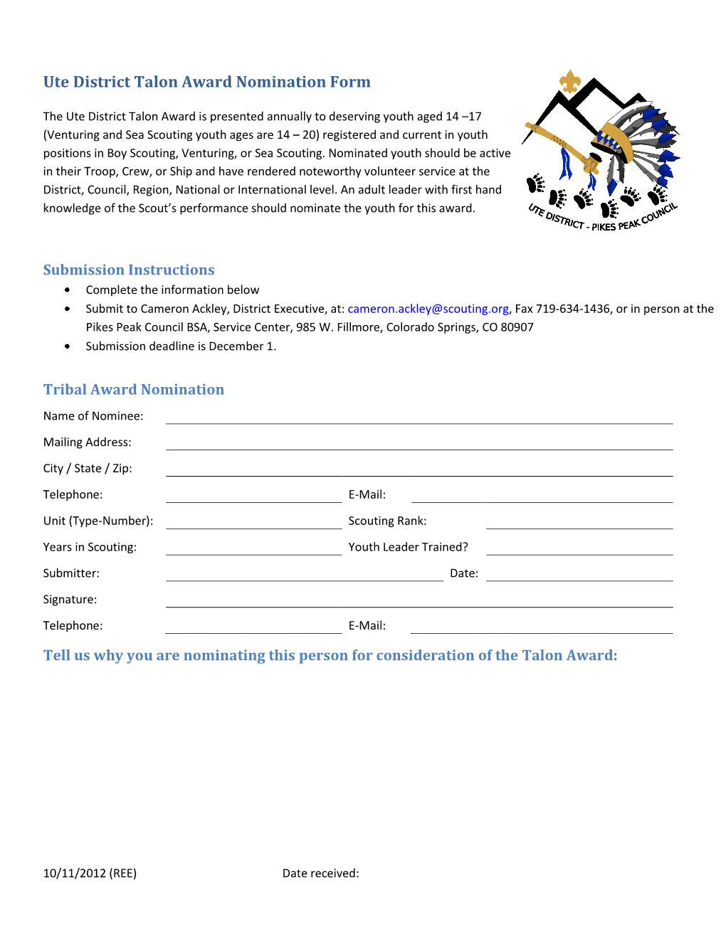 Ute District Talon Award Nomination Form