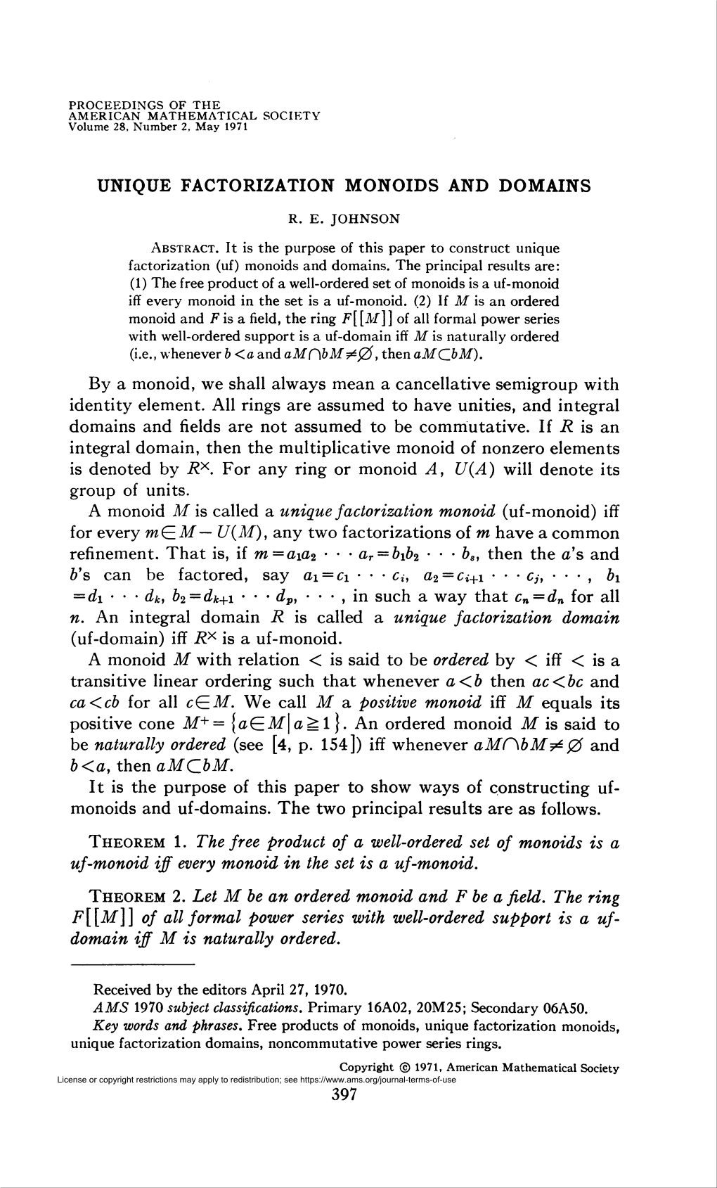 Unique Factorization Monoids and Domains