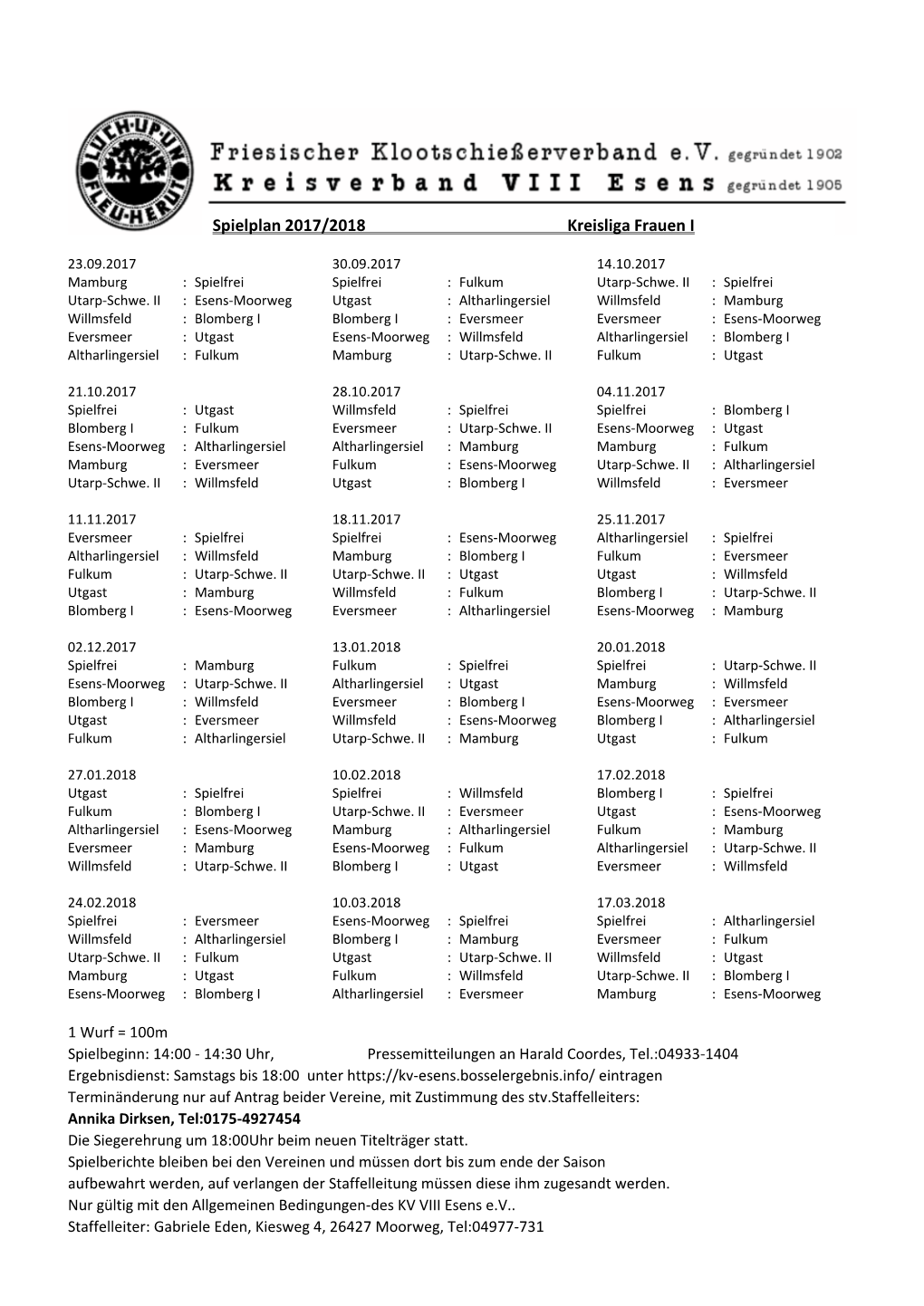 Spielplan 2017/2018 Kreisliga Frauen I