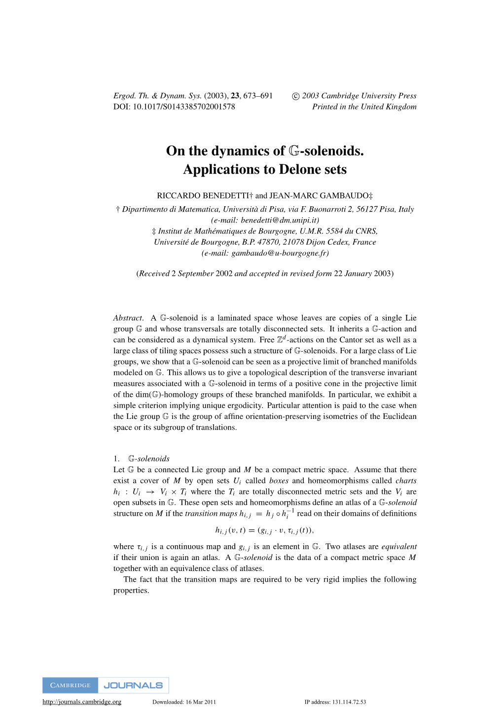 On the Dynamics of G-Solenoids. Applications to Delone Sets