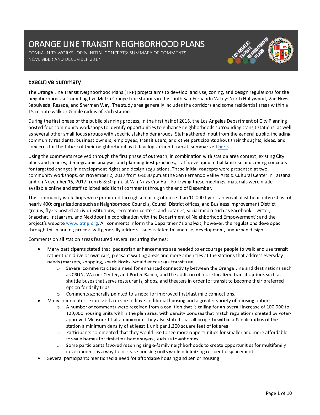 Orange Line Transit Neighborhood Plans Community Workshop & Initial Concepts: Summary of Comments November and December 2017